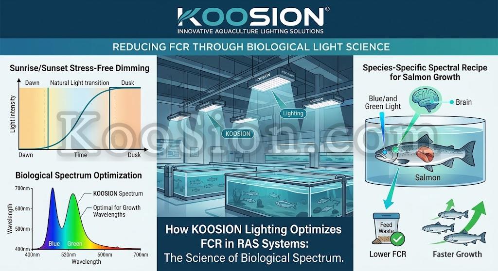 KOOSION biological spectrum analysis chart showing optimized blue and green wavelengths for Salmon and Shrimp growth.